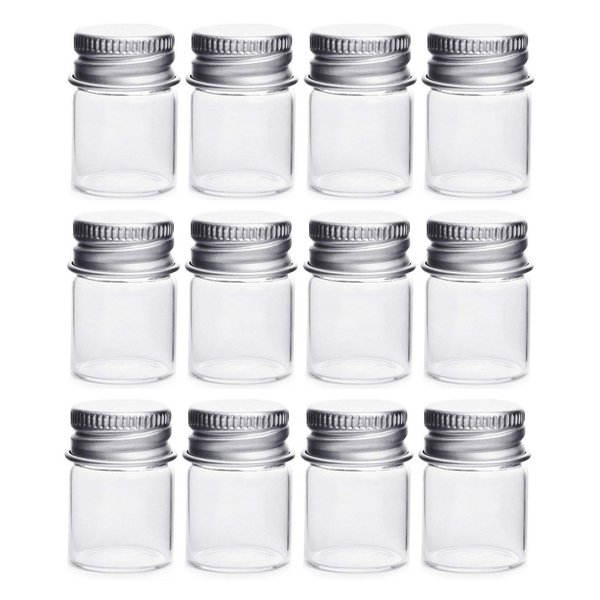 12PCS Empty Clear Travel Portable Glass Wish Bottles with Silver Aluminum Cap Essential Oil Powders Cream Ointments Grease Storage Container Jars Cosmetic Makeup Sample Packing Holder(5ml/0.17oz)
