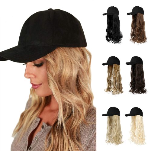 AynnQueen Baseball Cap with Hair Extensions for Women Adjustable Hat with Synthetic Wig Attached 24inch Long Wavy Hair Black Baseball Cap (Medium Brown)