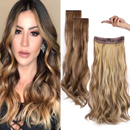 Upgrade Invisible Halo Hair Extensions with 3 PCS Set Headband Adjustable Long Wavy Secret Dark Medium Brown & Blonde Hair Extensions for Women