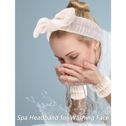 VELSCRUN 5 Pcs Khaki Puffy Sponge Spa Headband Bow Tie Hair Band Hair Clips Wristband Set, Spa Headbands for Wash Face, Makeup Headband, Facial Skincare Headbands Women Girls Hair Accessories Gifts