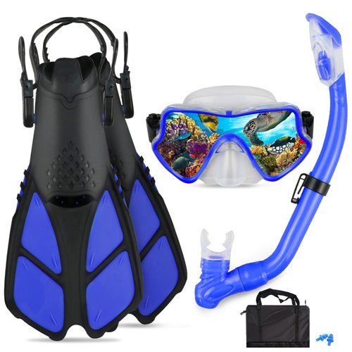 AosDero Kids Snorkeling Set Adjustable Swimming Kids Flippers+Panoramic Snorkel Mask+ Dry Snorkel Tube+ Travel Bags Suitable Snorkeling Gear for Kids,Juniors,Age 5-14
