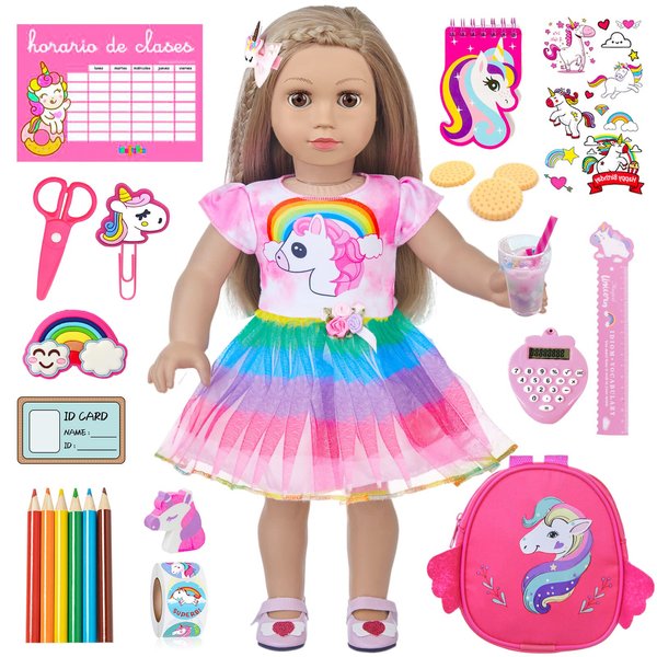 ZQDOLL 23 Pcs American Doll Clothes and Accessories School Supplies Playset for 18 Inch Doll Including Girl Doll Clothes, Bags, Student Cards, Sticker, Pencils, Calculator, Scissors, Notebook