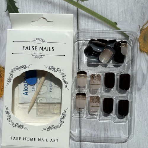 Generic Short Press on Nails French Tip Fake Nails Square False Nails with Gold Line Glitter Designs Nude Glue on Nails Brown Fall Stick on Nails Full Cover Cute Acrylic Nails Glossy Artificial Nails