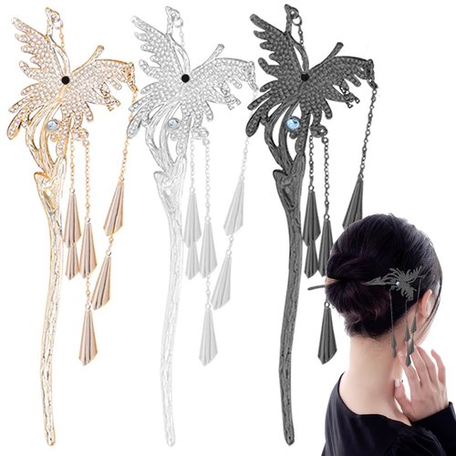 3 PCS Butterfly Metal Chinese Hair Sticks Vintage Rhinestone Hair Pins Tassels Chinese Hair Chopsticks for Women Girls Long Hair Handmade Chignon Maker Hairpins Hair Accessories