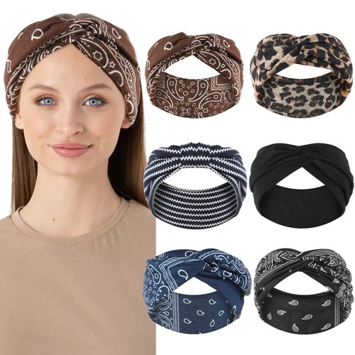 Tyqour 6Pcs Wide Boho Headbands for Women Non Slip Soft Stretchy Twist Knotted Hair Headbands for Women Lady Sport Workout Yoga Non Slip Headbands