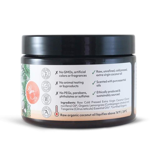 Organic Fiji Raw Cold Pressed Coconut Oil for Hair, Skin, Face & Body | Relaxing Massage Oil | Lemongrass Tangerine,12 oz for Women Men & Baby