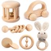 Wooden Baby Toys, 6PCS Wooden Rattle for Baby, Montessori Toys for Babies 0-6 -12 Months, Wood Rattles Set for Infant Grasping, Wooden Rattles Push Car Crochet Bunny Rattle Toy for Newborn Infant
