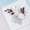 Missgrace Wedding Crystal Pearl Leaf Rhinestones Hair Comb, Silver Wine Red, Bridal Flower Side Hair Accessory for Brides Women
