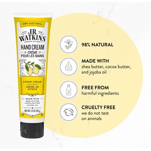 J.R. Watkins Natural Moisturizing Hand Cream, Hydrating Hand Moisturizer with Shea Butter, Cocoa Butter, and Avocado Oil, USA Made and Cruelty Free, 3.3oz, Lemon Cream, 2 Pack