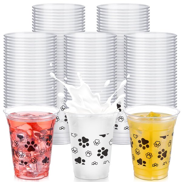 SiliFine 50 Pcs Dog Party Cups Bulk Puppy Paw Print Themed Cups 12 oz Disposable Clear Plastic Birthday Party Cups for Ice Coffee, Smoothie, Juice, Baby Shower Classroom Party Supplies