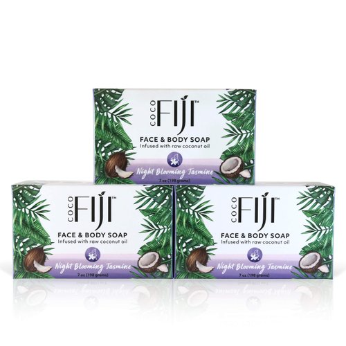 "Coco Fiji Soap Bar for Face and Body Infused With Organic Coconut Oil, Night Blooming Jasmine Essential Oil, Natural Soap for Moisturizing & Pore Purifying Skin, 7 oz, Pack Of 3 "