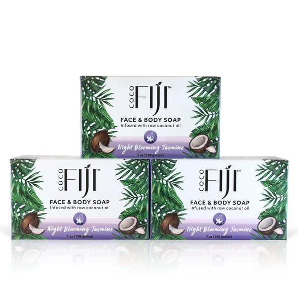 "Coco Fiji Soap Bar for Face and Body Infused With Organic Coconut Oil, Night Blooming Jasmine Essential Oil, Natural Soap for Moisturizing & Pore Purifying Skin, 7 oz, Pack Of 3 "