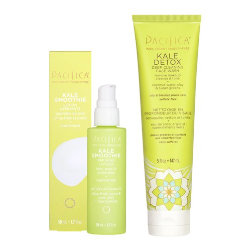 Pacifica Beauty Kale Smoothie Refining Lotion & Detox Deep Cleaning Face Wash Set, Skincare, Moisturizer, Niacinamide, Minimize Pores, Serum, Facial Cleanser, Vegan, 1.7 fl oz and 5 fl oz (Set of 2)
