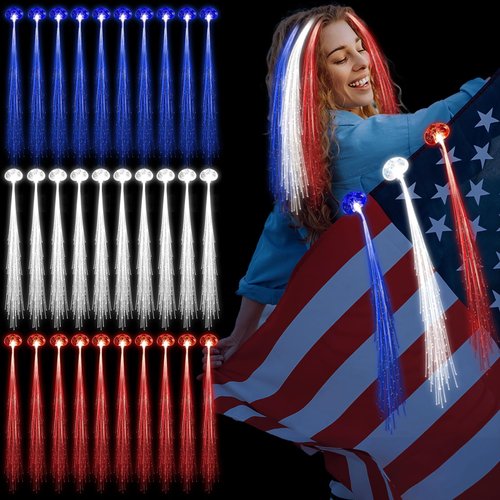 30PCS Red Blue White LED Lights Hair Light-Up Fiber Optic LED Hair Barrettes Extensions Light Flashing Fiber Optic Hair Braid Barrettes Hair Clips for 4th of July Hawii Carnival Halloween Party Favors