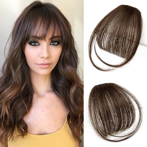Bangs Hair Clip in Bangs for Women 100% Human Hair Wispy Bangs Fringe with Temples Hairpieces Clip on Air Bangs Flat Neat Bangs Hair Extension for Daily Wear (Dark Brown)