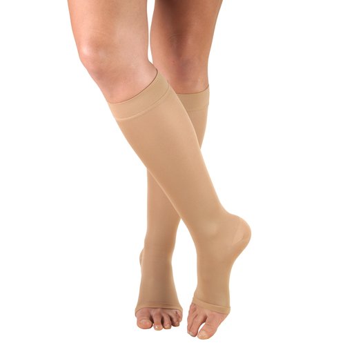 Truform Women's Compression Stockings, 20-30 mmHg, Knee High Length, Open Toe, Opaque, Beige, Small