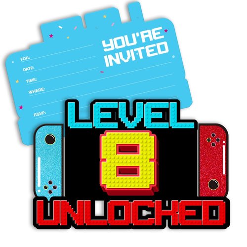 pertnate Video Game 8th Birthday Invitations Boy Glitter Video Game 8 Year Old Boys Birthday Party Shaped Invitations Invites with Envelopes, 20 Pack