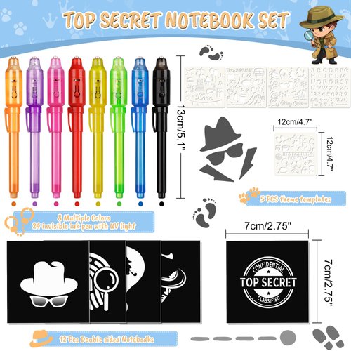 inkipen Invisible Ink Pen 24Pcs+ Notebooks,Spy Pens with UV Light,Magic Marker,Classroom Prize, Birthday Party Favors for Girls Boys,Kids Christmas Gift Stocking Stuffers