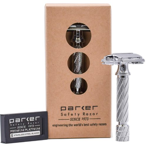 Parker 87R Chrome Standard Length Handle Butterfly Open Double Edge Safety Razor for Men, 5 Parker Double Edge Razor Blades Included
