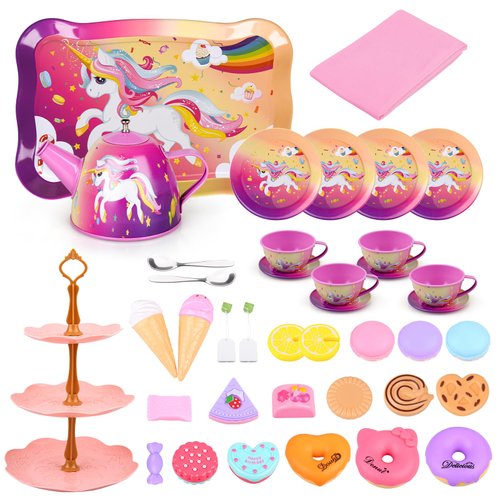 Auney Tea Party Set Toys for Girls, Tin Unicorn Tea Set Pretend Play Girls Toys Gifts for Little Girls Age 3-6, Kids Girls Toys Gifts for Tea Party Including Tea Set Carrying Case (New Unicorn)