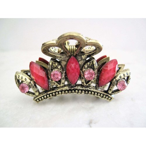 Antique crown style metal hair claw clips with crystals for thin fine hair (Primary color: Pink)