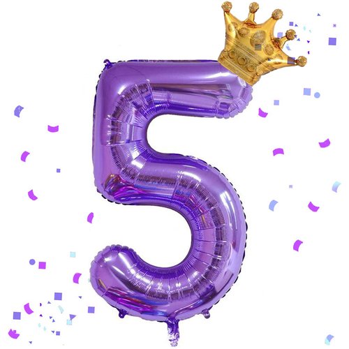 40 Inch Purple Number 5 & Mini Crown Balloon for Birthday Party Decorations, 5th Birthday Party Decorations Purple Theme Party Balloons Decorations Supplies