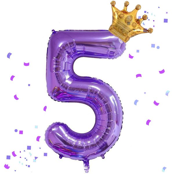 40 Inch Purple Number 5 & Mini Crown Balloon for Birthday Party Decorations, 5th Birthday Party Decorations Purple Theme Party Balloons Decorations Supplies