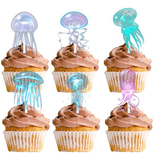 Jellyfish Dessert Cupcake Topper Under The Sea Theme Decor Supplies Boys Girls Happy Birthday Party Decorations 18pcs Colorful Glitter