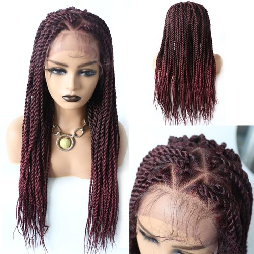 31" Long Box Braided Wigs for Black Women Micro Twist 4.75"X12.5" Swiss Lace Front Hand Braided Wig with Natural Baby Hair Lightweight Premium Quality Kanekalon Synthetic Wigs (#1B/99JT Black Mix Wine Red)