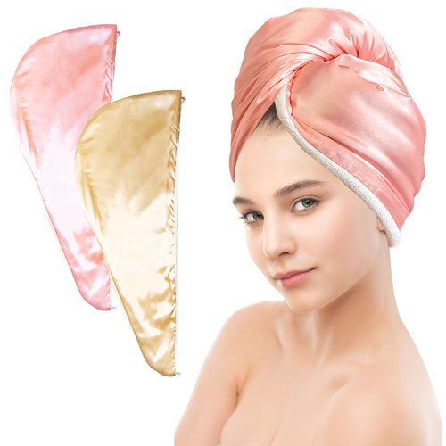 Simnice 2 Pack Satin Microfiber Hair Towel Wrap for Women - Hair Quick Drying Towel with Turban Design &Anti Frizz Hair Wrap Towel for Curly Long Thick Hair