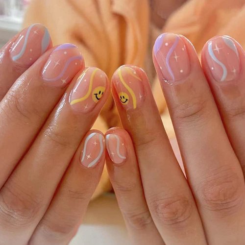24 Pcs French Press on Nails Colored Lines Fake Nails Oval stick on Nail Short Glue on Nails Acrylic Cute Smiley Face Design False Nails for Women Or Girl Manicure Ornament
