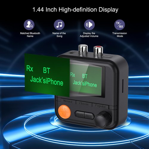 JXTZ Bluetooth 5.2 Transmitter Receiver, HiFi Bluetooth Audio Adapter with Display, Wireless Audio Adapter for Music Streaming Sound System, Headphones, TV, Support TF Card/RCA/3.5mm AUX Output