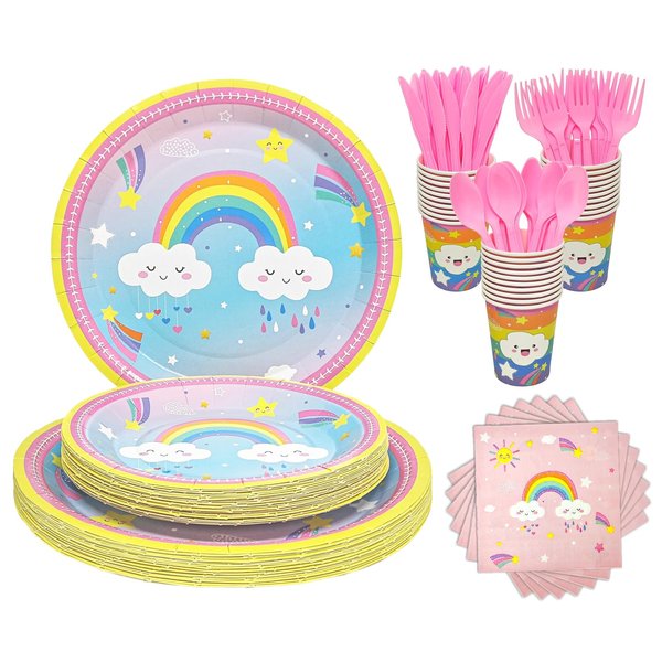 168PCS Rainbow Party Supplies,Rainbow Party Tableware Set - Rainbow Plates Cups Napkins forks for Baby Shower Carnival Themed Rainbow Birthday Party Decorations Serve 24
