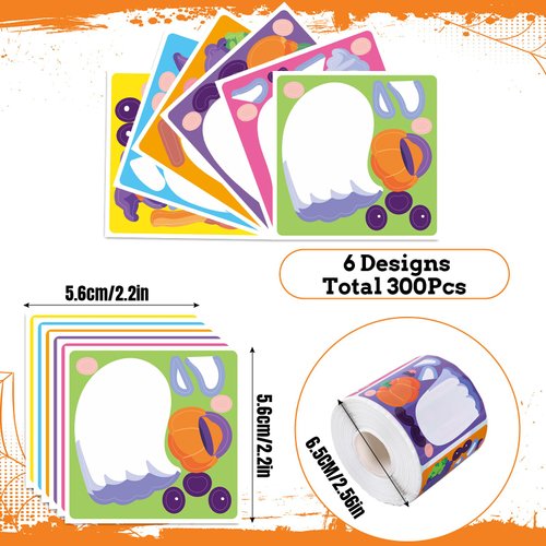 Whaline 300Pcs Halloween Ghost Stickers Scene Roll Make a Face Stickers Trick or Treat Self Adhesive Stickers Halloween Ghost DIY Craft Stickers for DIY Art Crafts Halloween Party Favor Decor, 6