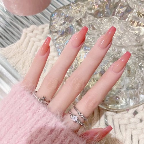 MERVF Coffin Press on Nails Long Fake Nails Ombre French Tip Ballerina Glue on Nails with Designs...