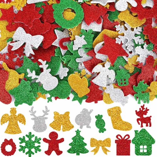 JULBEAR 300 Pcs Christmas Foam Stickers, Red Green Silver Christmas Sticker Gold Xmas Santa Claus Snowman Elk Snowflake Foam Stickers Bulk for Christmas Holiday Crafts Party Favors Decoration Supplies