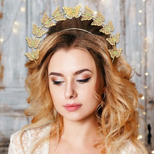 Woeoe Butterfly Halo Crown Headband Gold Crystals Double Hair Band Party Headpiece Hair Accessories for Women and Girls