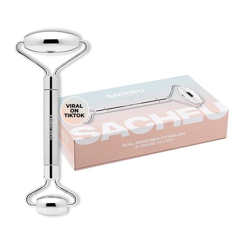 Sacheu Stainless Steel Face Roller - Face and Eye Roller, Metal Face Roller to Help Reduce Puffiness, Cooling Dual Sided Stainless Steel Facial Roller Massager with Travel Pouch