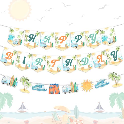 Summer Surfing Birthday Party Decorations Vintage Surfing Happy Birthday Banner Bunting Surfboard Banner for Summer Hawaiian Beach Birthday Decoration Swimming Pool Hawaii Party Supplies