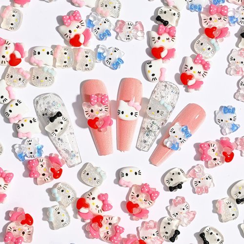 40 Pcs Cute Cartoon Nail Charms Kawaii Nail Decals Flatback Resin Design 3D Nail Charms for Acrylic Nails Rhinestone Supplies Cute Cat Nail Decoration DIY Nail Accessories