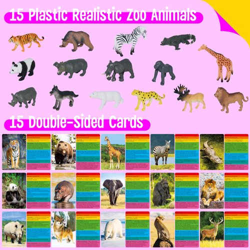 15 PCS Safari Animal Figurines with 15 Introducing Flashcards, Realistic Zoo Animal Figures Montessori Toys Science Educational Matching Game for Homeschool Preschool Toddler Kids