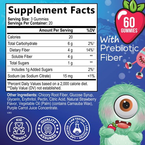 Kids Fiber Gummy Bears Supplement - Daily Prebiotic Fiber for Kids, Supports Regularity, Digestive Health & Immune Support, Nature's Plant Based Chicory Root Vitamins, Vegan, Berry Flavor, 60 Gummies