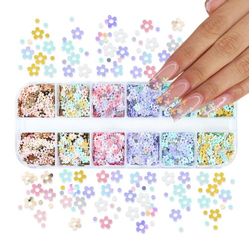 Flower Nail Art Glitter Sequins 12 Grids Holographic Floral Nail Glitter Flakes Spring Colorful Flower Nail Art Decoration Supplies Sparkly Glitter for Acrylic Nails Design Manicure Tips Accessories