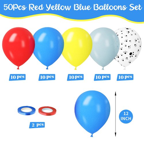 Paready Red Yellow Blue Balloons Set, 50Pcs Blue Yellow Balloons, 12 Inch Blue Yellow Red Dusty Blue Balloons Latex Paw Printed Balloons For Boys Paw Birthday Baby Shower Circus Theme Party Supplies