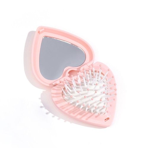 Pink Heart Hair Brush With Mirror, Air Cushion Folding Brush, and Massage Styling Tools for Women and Girls