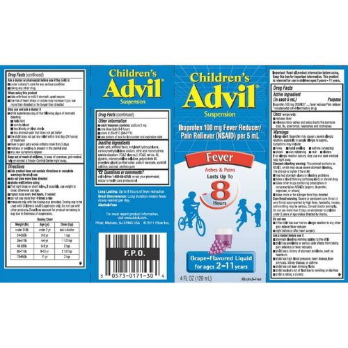 Children's Advil Fever Reducer/Pain Reliever, 100mg Ibuprofen (Grape Flavor Oral Suspension, 4 fl. oz. Bottle, Pack of 2)