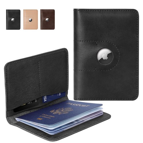 ALLIVE Genuine Leather Passport Holder Women Men, Passport Wallets with Airtag Slot, Travel Must Haves Airport Essentials, Passport Cover Case Travel Gifts(Black)