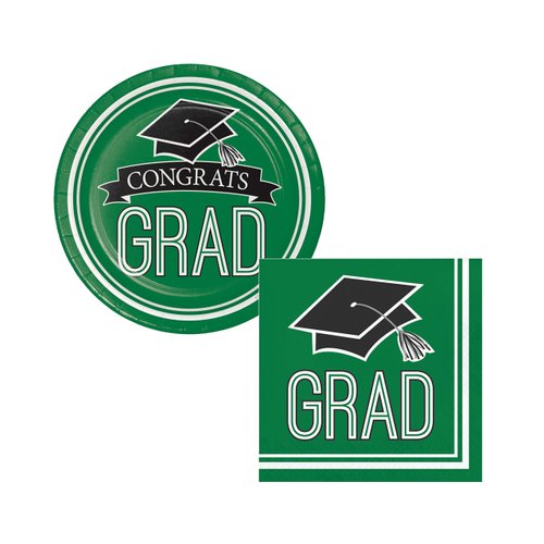 School Spirit Graduation Party Supplies Kit - Emerald Green Paper Plates and Napkins for 36 People