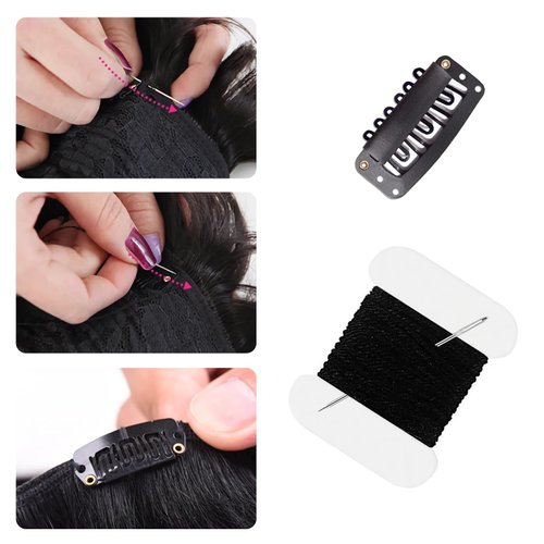 uadbau 30 Pcs 32mm 6-Teeth U-Shape Wig Clips for Clip-in Hair Extensions, with DIY Needle and Thread Kit – Snap Hair Clips for Hair Extensions Clip-ins (Black)