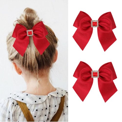2PCS Valentine Day Hair Bows Clips Red Velvet Bows Clips Hairgrips Glitter Grosgrain Hair Clips with Rhinestones Festive Holiday Hairpins Christmas Outfits Hair Accessory Party Gifts for Kids Girls